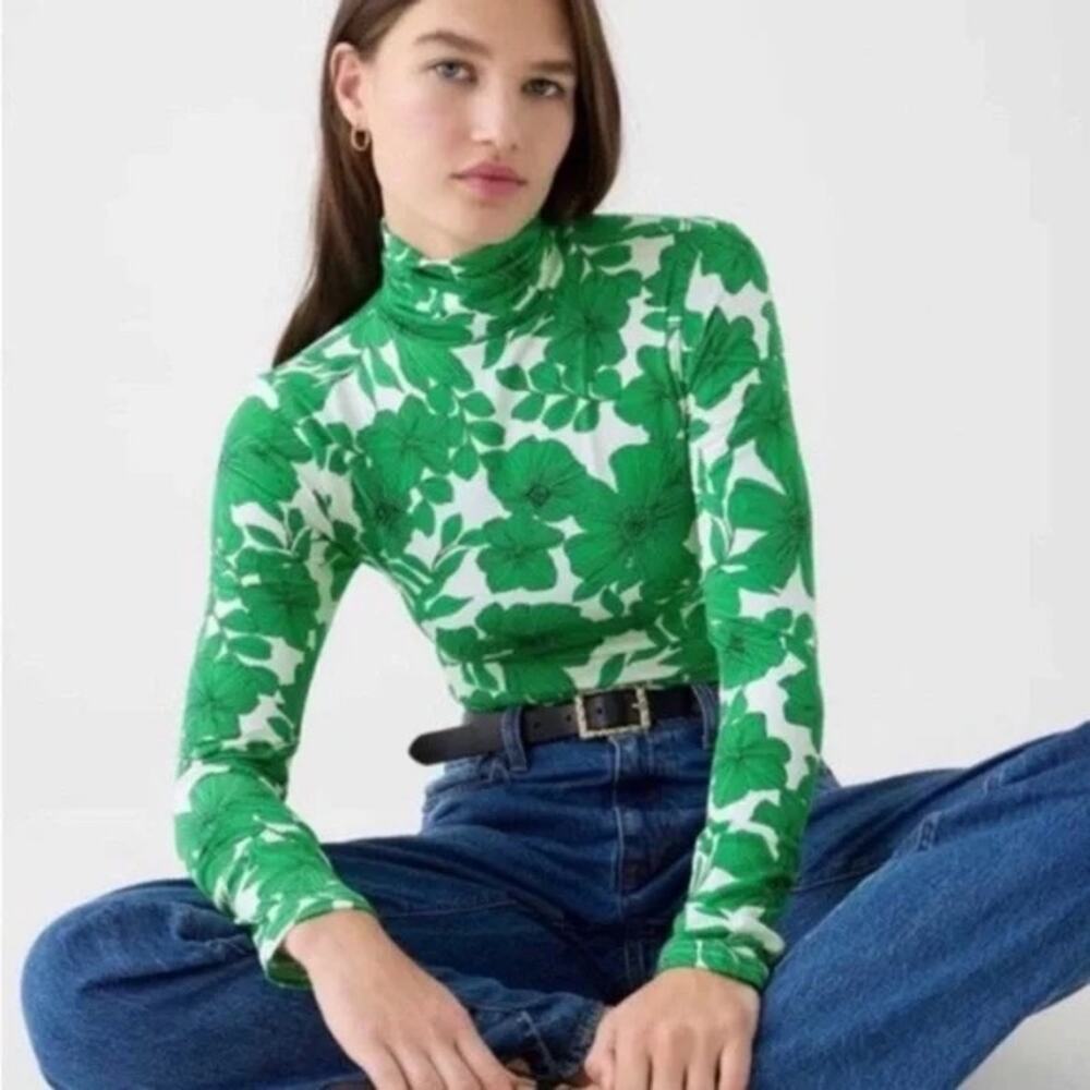 NEW J. Crew Matte Jersey Turtleneck Green Botanical Floral Shirt Size S